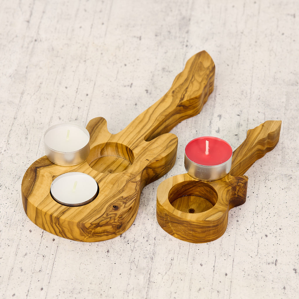Chitarra portacandele artigianale in legno di ulivo