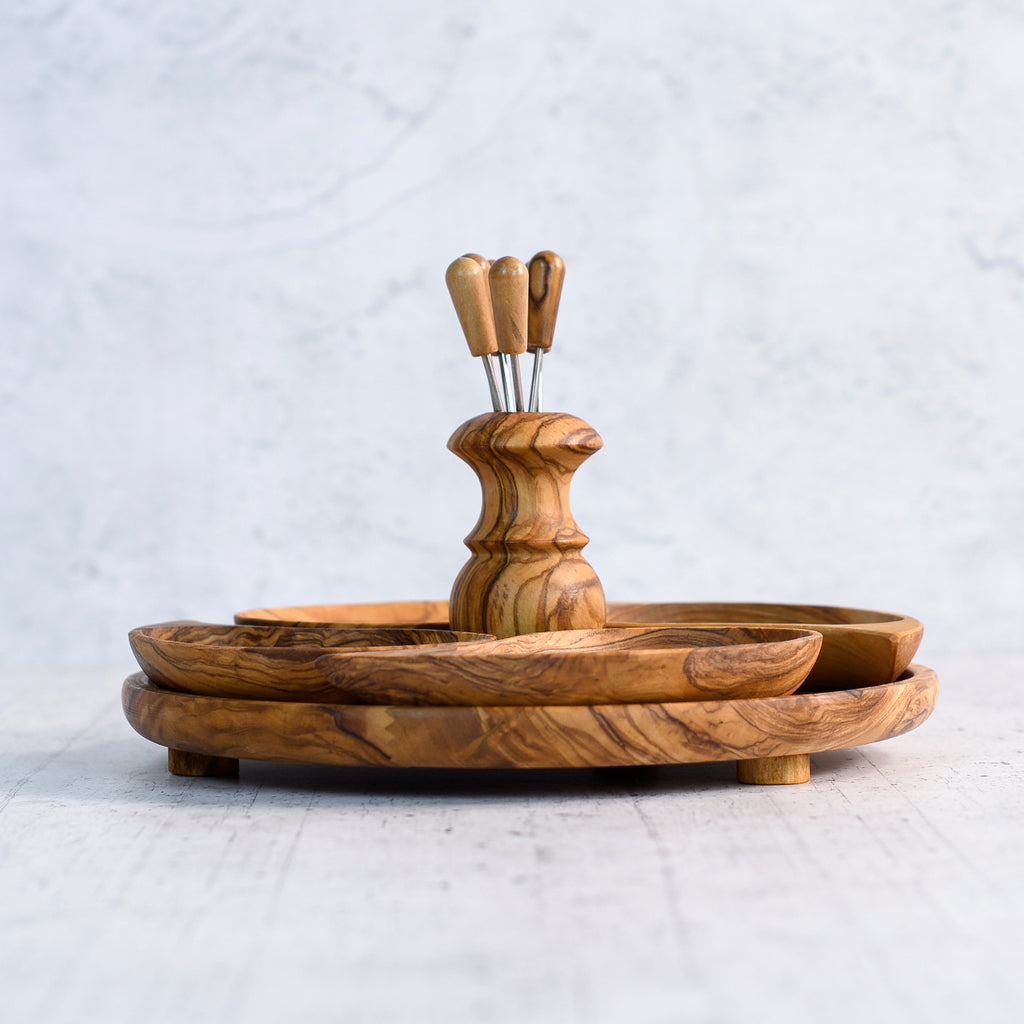 Set Apericena in Legno d’Ulivo con Ciotoline e Porta Forchettine
