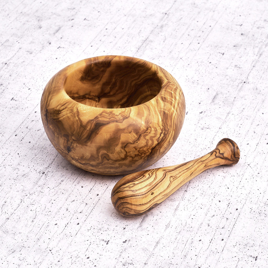 Mortaio bombato in legno di olivo