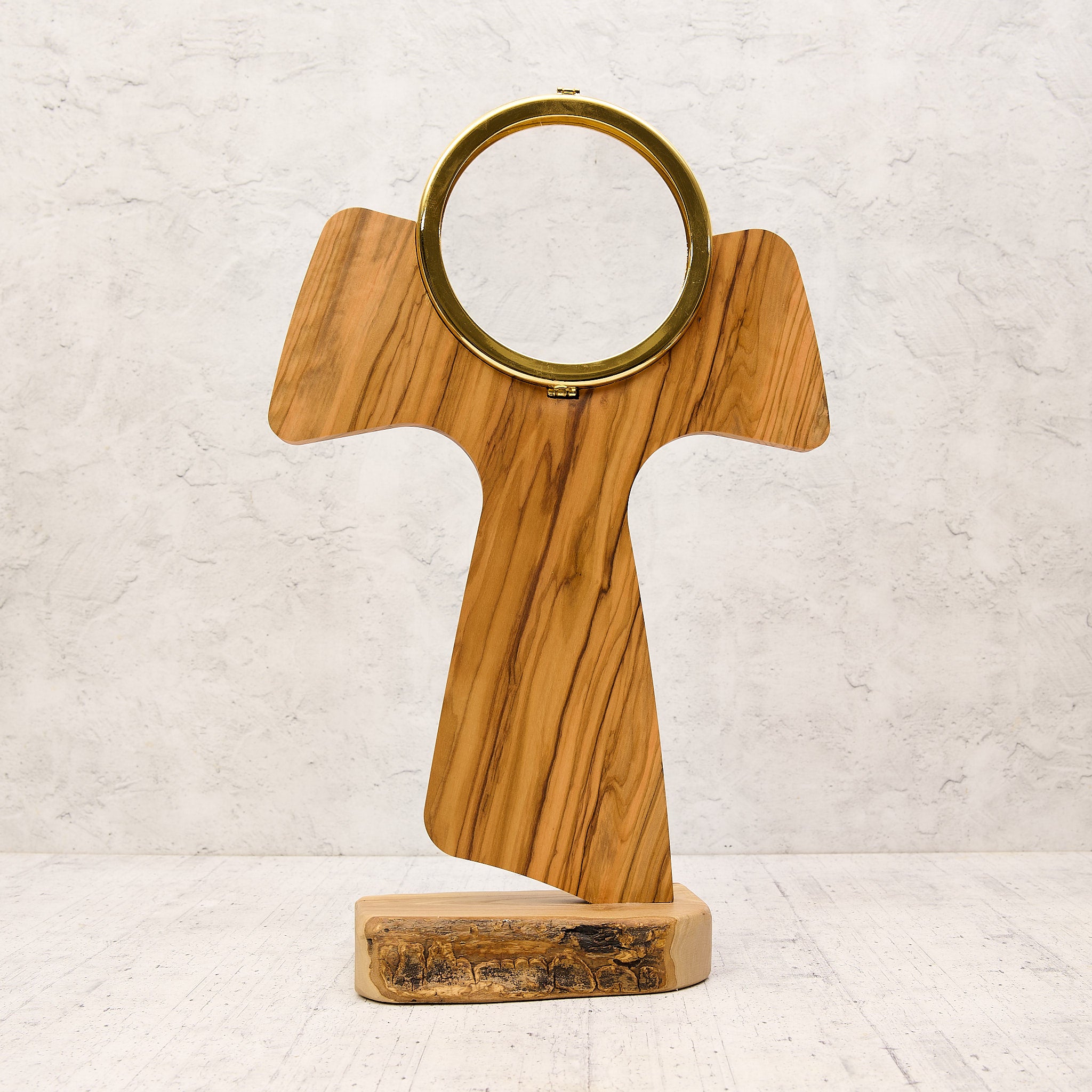 Ostensorio Tau San Francesco in metallo dorato in oro e legno di olivo