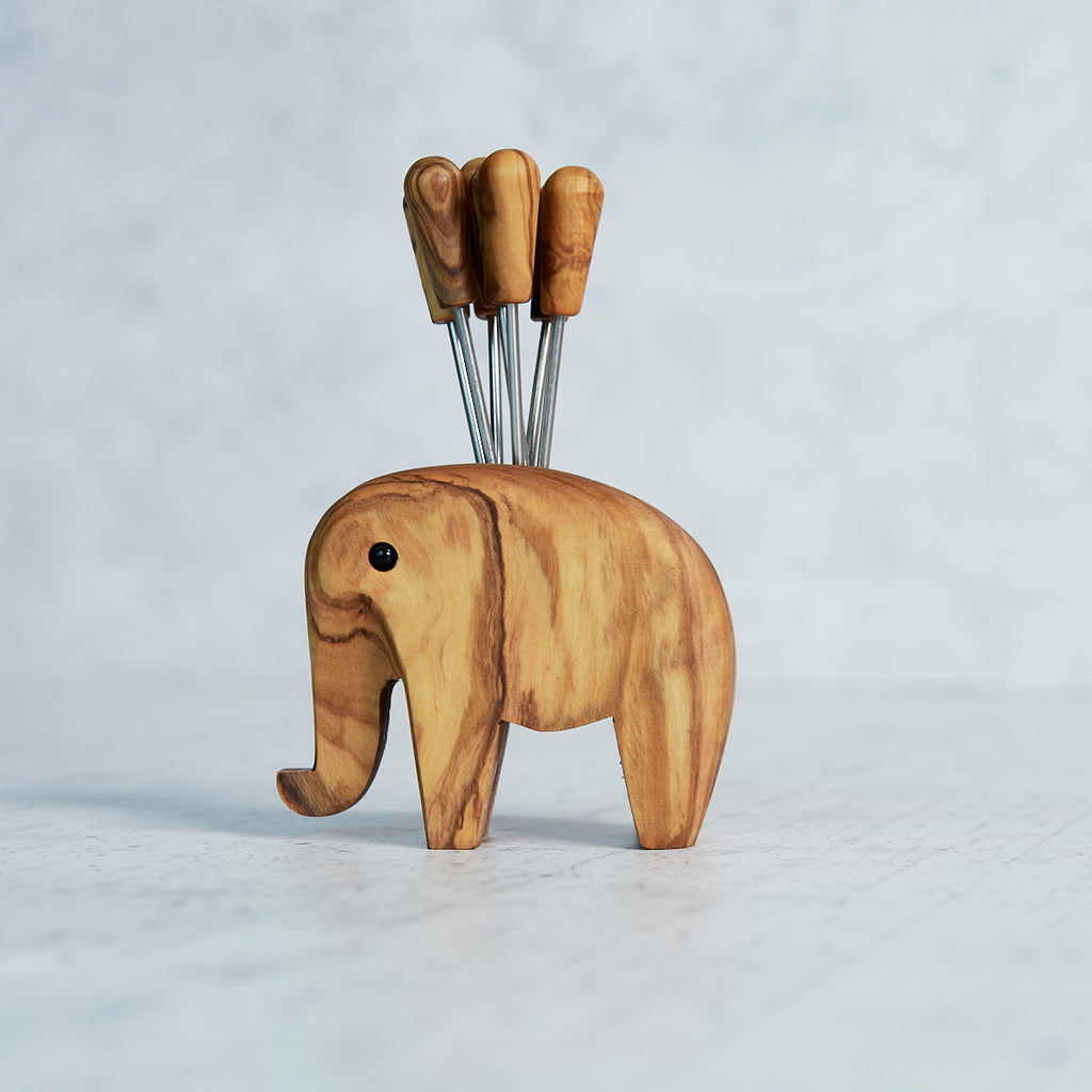 Elefante Porta Forchettine in Legno d’Ulivo con 8 Forchettine