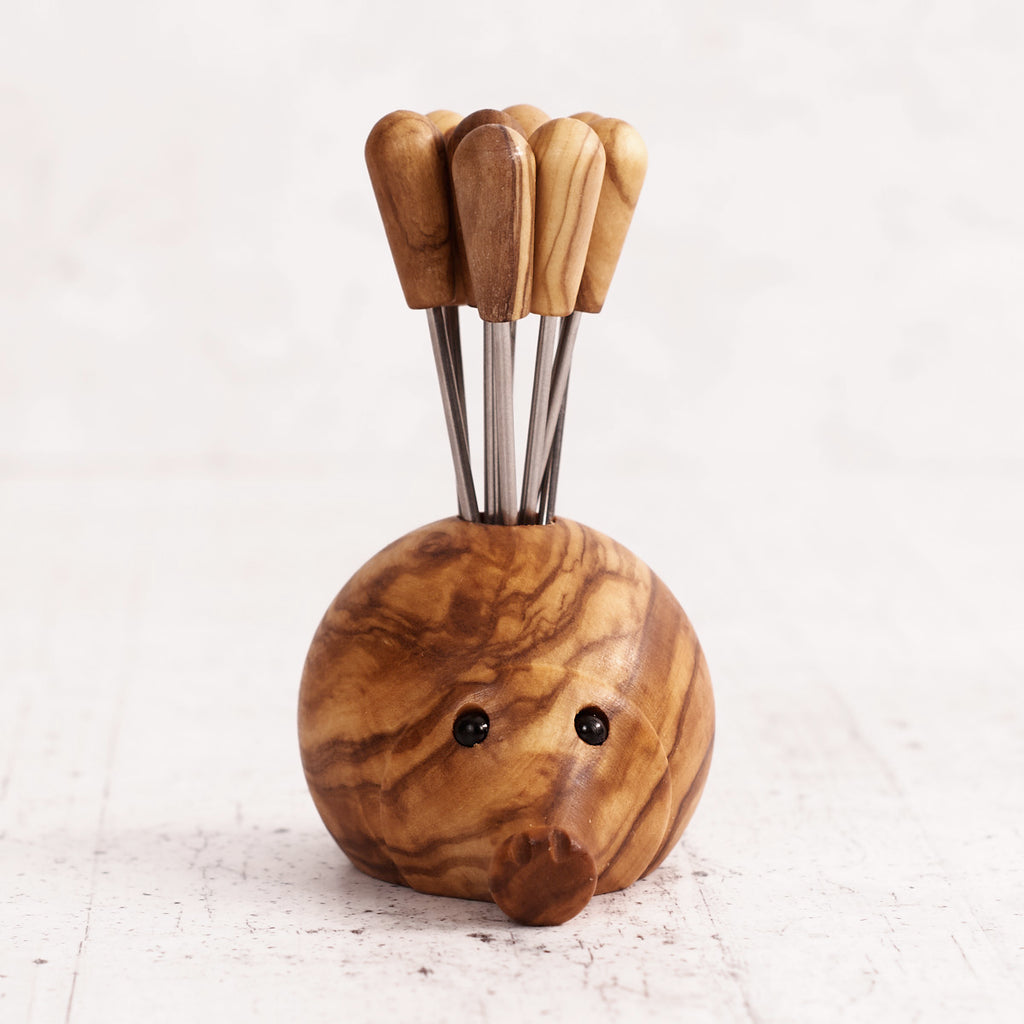 Riccio Porta Forchettine in Legno d’Ulivo con 8 Forchettine