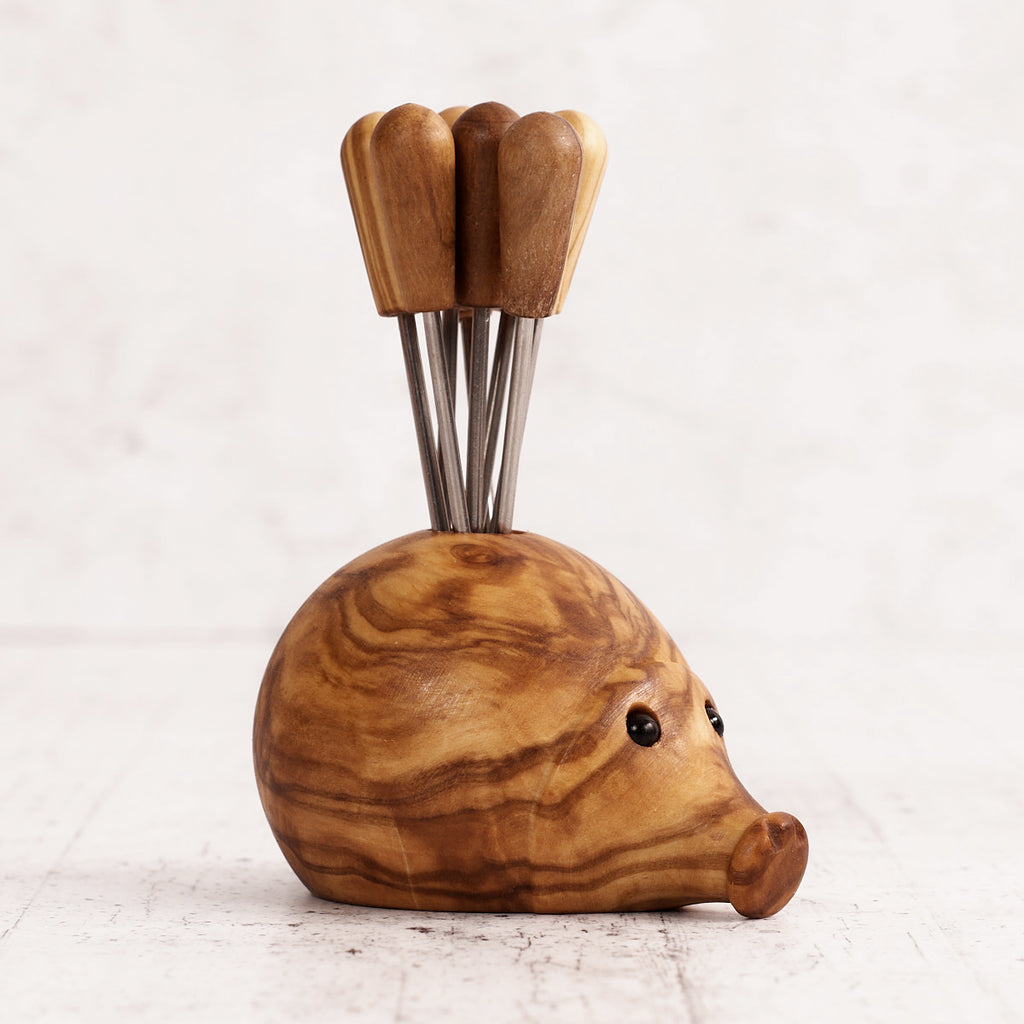 Riccio Porta Forchettine in Legno d’Ulivo con 8 Forchettine