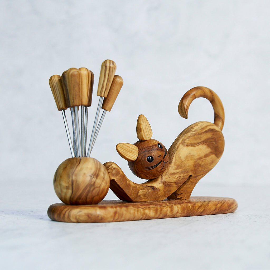 Gatto Porta Forchettine in Legno d’Ulivo con 8 Forchettine