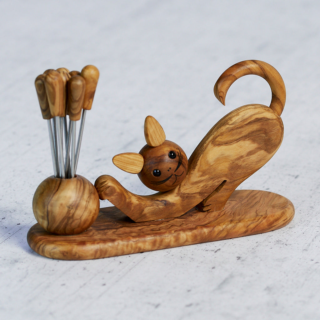 Gatto Porta Forchettine in Legno d’Ulivo con 8 Forchettine
