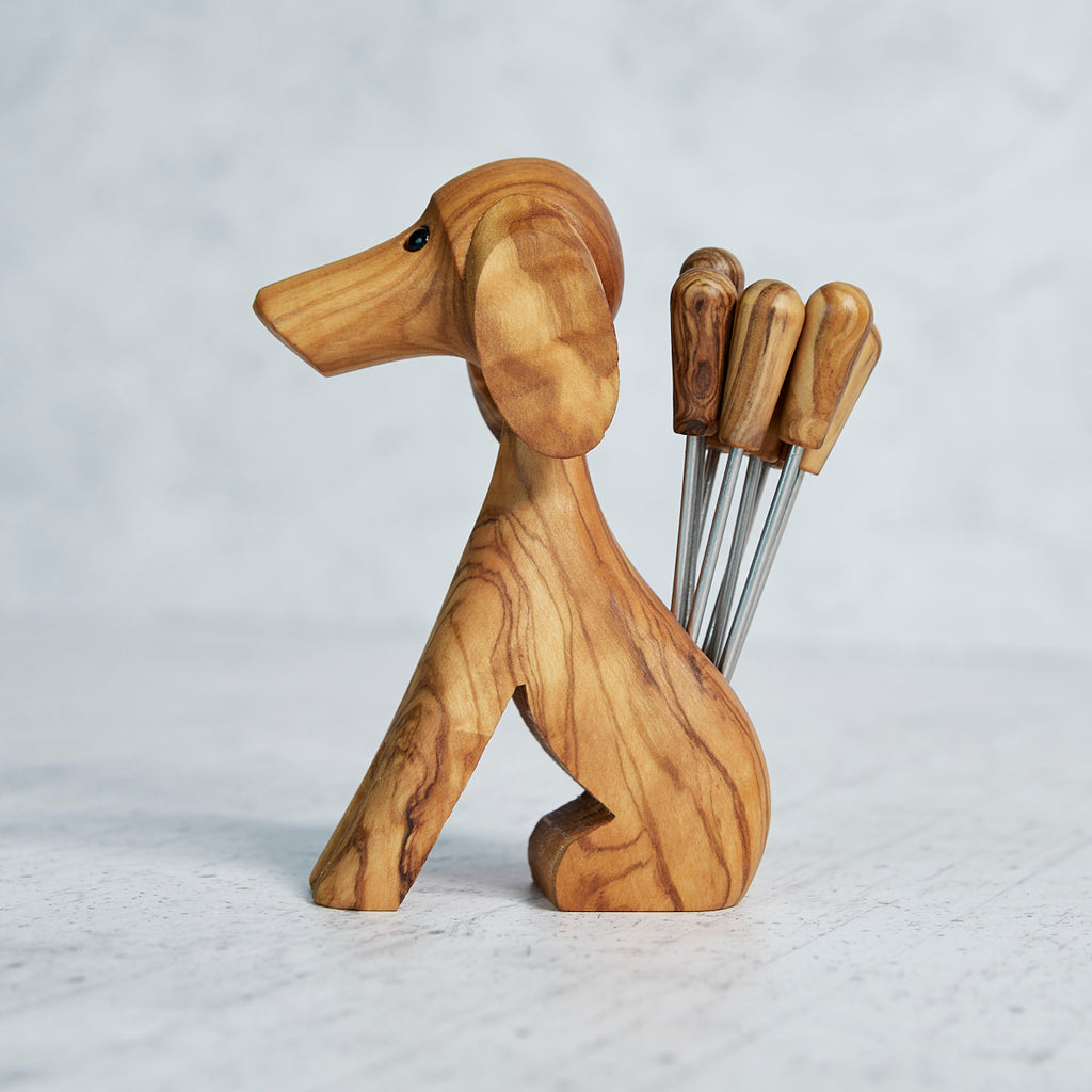 Cane Porta Forchettine in Legno d’Ulivo con 8 Forchettine