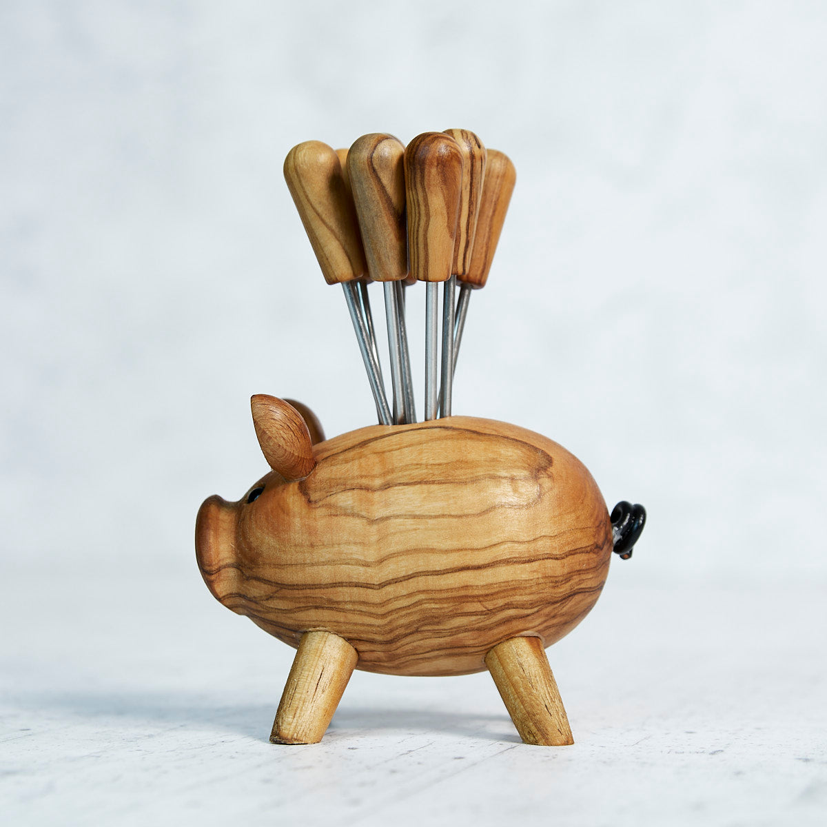 Maialino Porta Forchettine in Legno d’Ulivo con 8 Forchettine