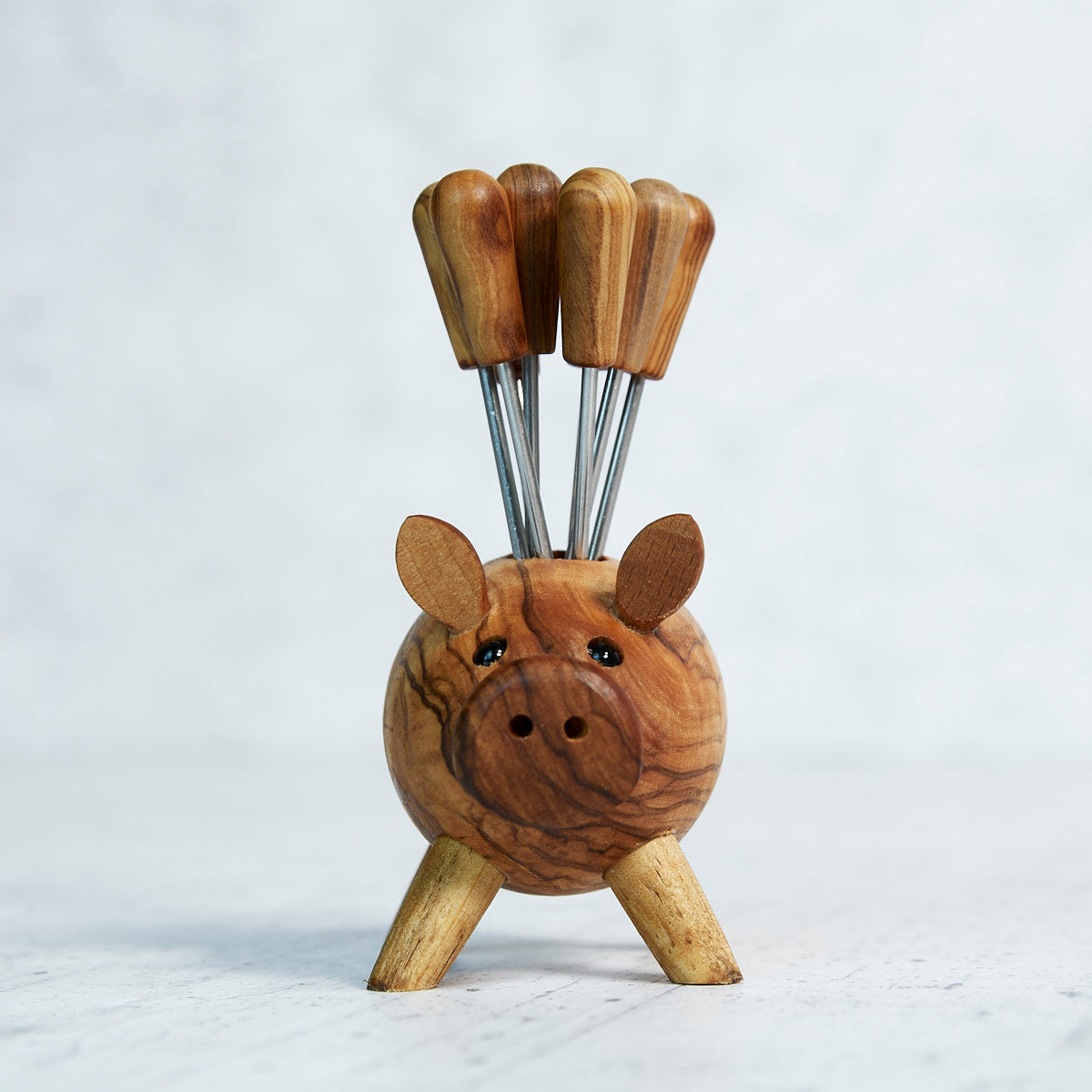 Maialino Porta Forchettine in Legno d’Ulivo con 8 Forchettine