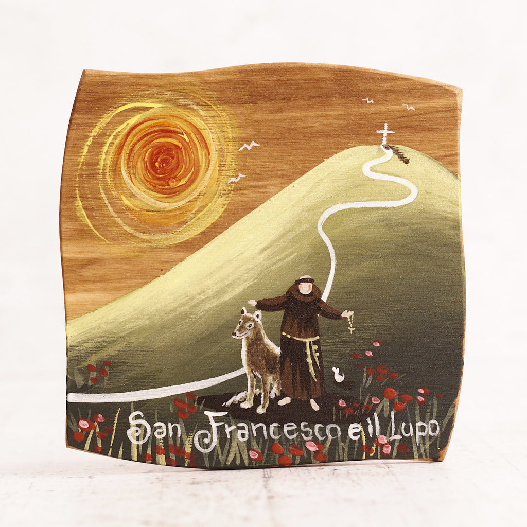 San Francesco e il lupo - quadretto in legno d’ulivo con illustrazione dipinta a mano