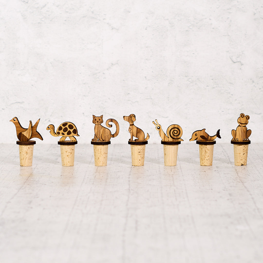 Olive wood and cork animal stoppers