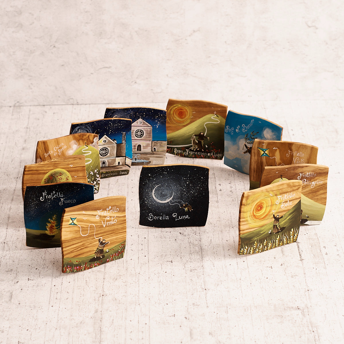 Set Cantico delle creature – quadretti in legno d’ulivo dipinti a mano