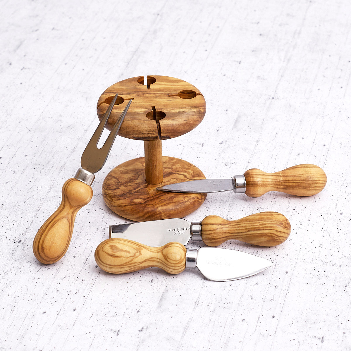 Set "4 formaggi" in legno di olivo e acciaio