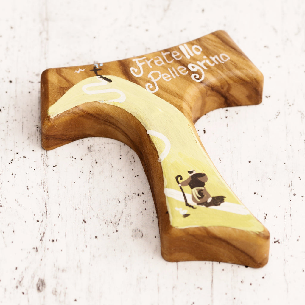 Tau fratello pellegrino dipinto a mano su legno di olivo