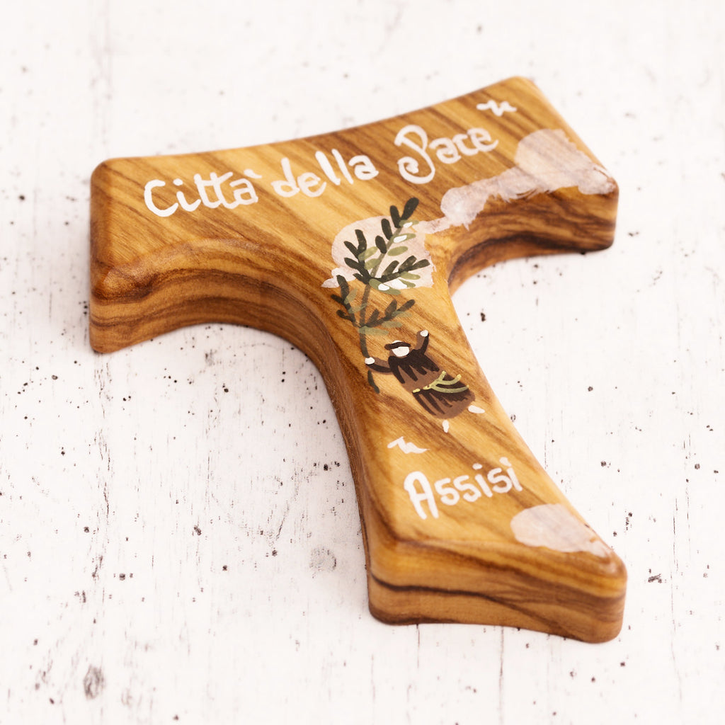 Tau città della pace dipinto a mano su legno di olivo