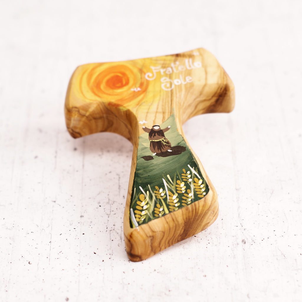 Tau Fratello sole dipinto a mano su legno di olivo