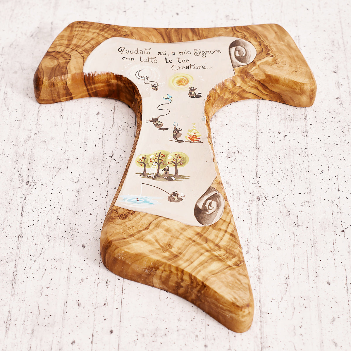 Tau del Cantico delle Creature dipinto a mano su legno di olivo