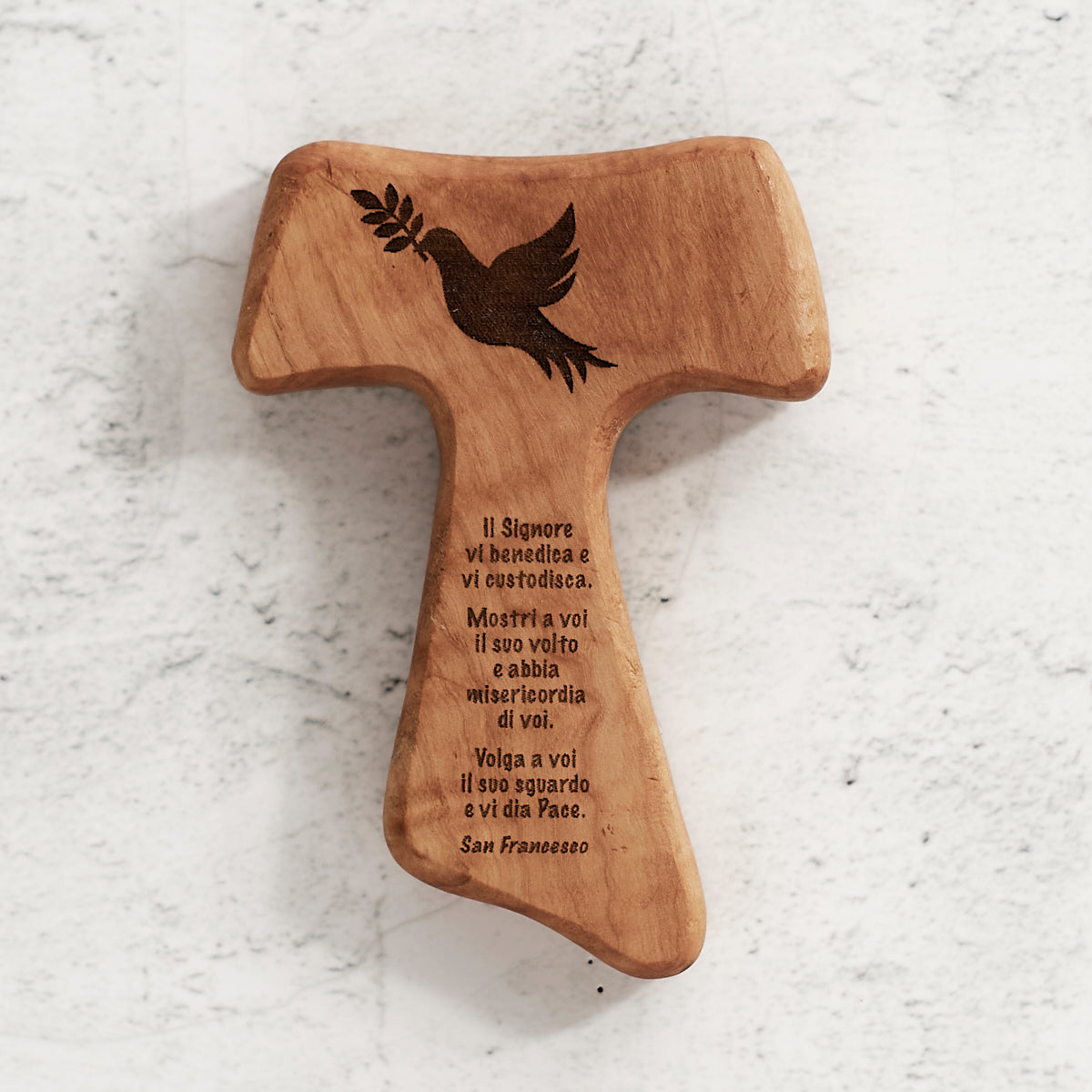 Tau con Benedizione di San Francesco in legno di olivo