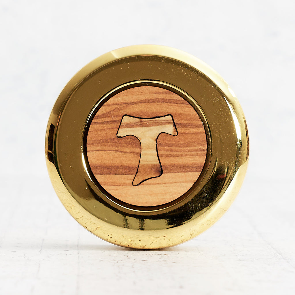 Teca porta ostie in legno di ulivo e metallo dorato