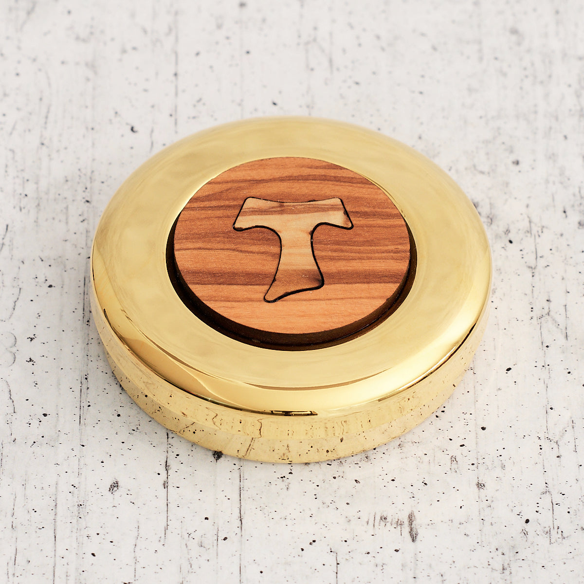 Teca porta ostie in legno di ulivo e metallo dorato
