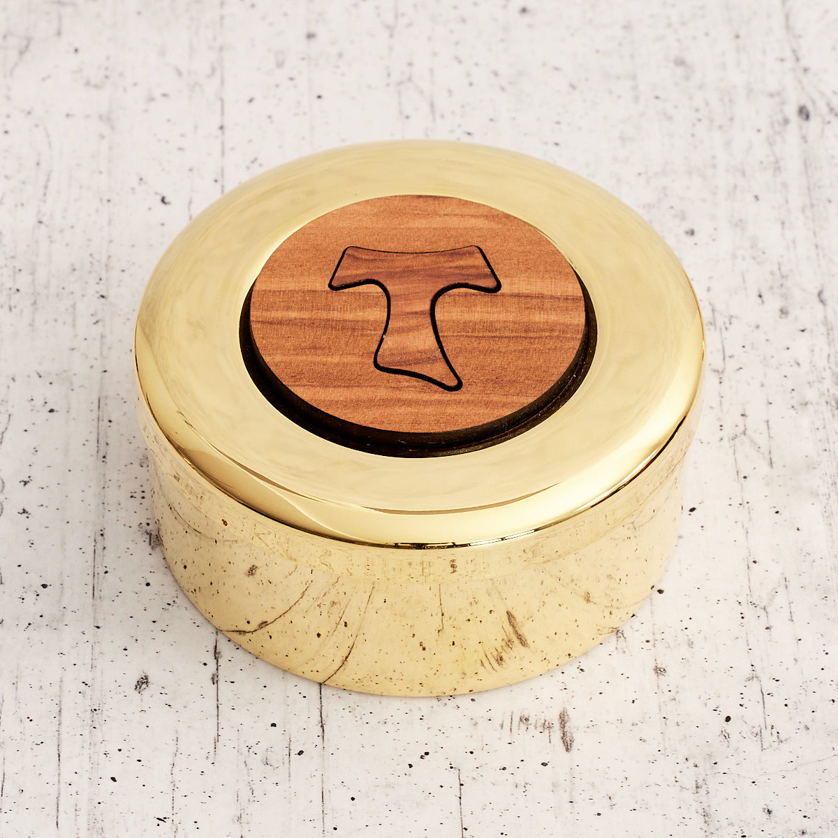 Teca porta ostie in legno di ulivo e metallo dorato