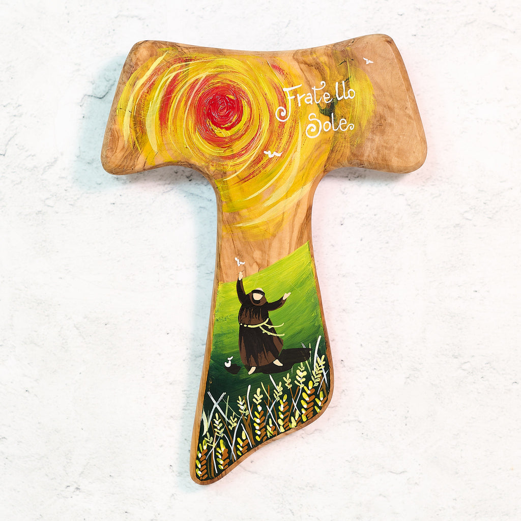 Tau Fratello sole dipinto a mano su legno di olivo